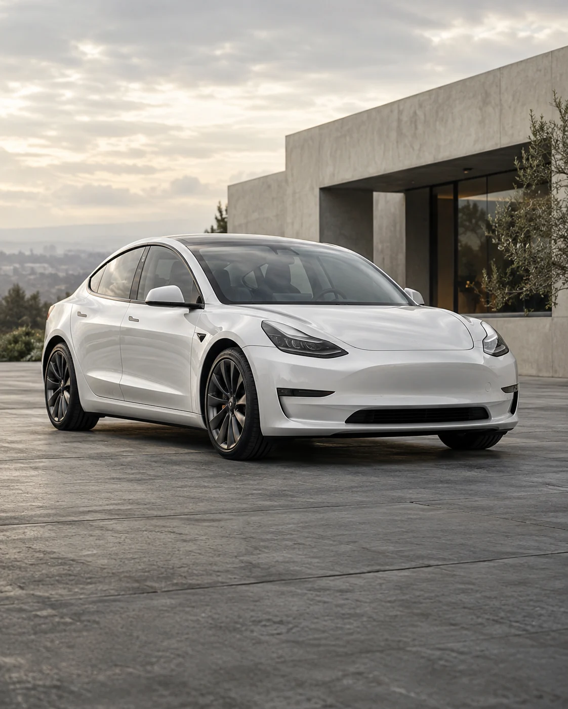 A pearl white Tesla beside a modern concrete building