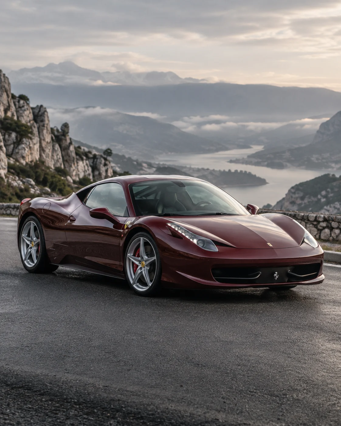 A burgundy Ferrari on a quiet mountain road